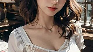 3d animated hentai asian model explores big mansion.