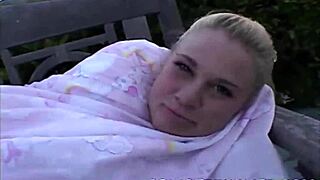 Little summer teen fingers her tight pussy in public outdoor setting