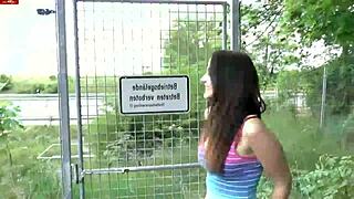 young brunette babe gets drilled outdoors