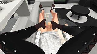 Neighbor jerks off huge cock with legs in tights, then cunnilingus.