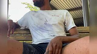 College guy jerks off on campus