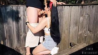 Behind the scenes risky outdoor facefuck with cum in throat. We banged hard at the hunting tower.