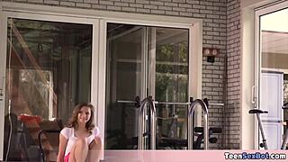 Candice, the cute petite brunette with glasses, gets steamy during workout with old man.