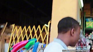 Curly Latina college girl sucking in public