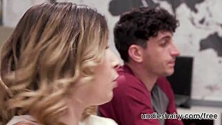 busty mature teacher forces student into wet pussy licking and hardcore threesome action