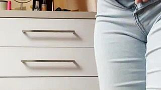 homemade petite blonde rips tight jeans in bold striptease dance