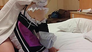 uhh, cute asian maid rem in cosplay gets bent over for creampie... so juicy!