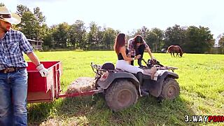 Two hot babes get pounded by ranch boy outside farm
