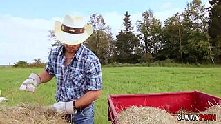 Two hot babes get pounded by ranch boy outside farm