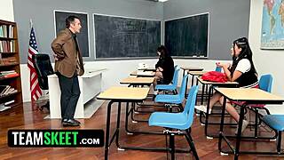 Teacher in uniform risks everything by fucking two asian teens in panties and thong during scissoring threesome at school