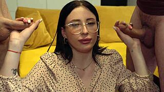 Nerdy beauty shares big cocks in quick college threesome