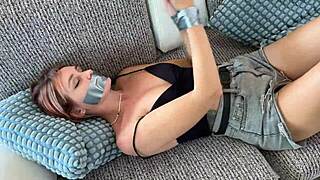 Blonde teen bound and teased on countertop with moaning