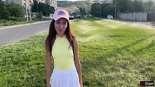 Public agent convinces beauty for public sex in mountains