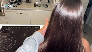 step bro roughly uses step sis mouth while she cooks in tiny panties