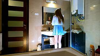 hot skinny blonde wife, oops, got new blue miniskirt with white panties!