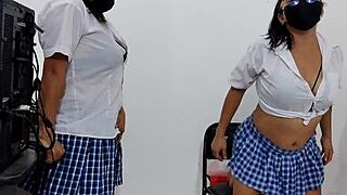 College girls in costumes tease their teacher for wild action