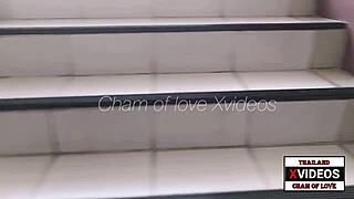 asian student in wild 3some with lesbian voyeur action outdoors