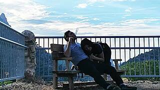 latina flashing in the mountains with a stranger