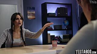 latina milf teacher interacts with two teen students in classroom