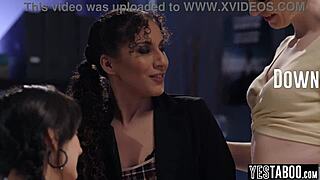 latina milf teacher interacts with two teen students in classroom