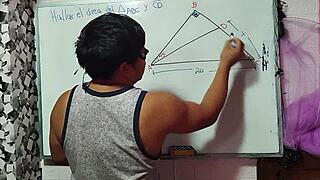 Asian student calculates x in sexual math triangle with teacher