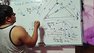 Asian student calculates x in sexual math triangle with teacher