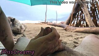 student handjobs cock on stormy beach in public voyeur cumshot
