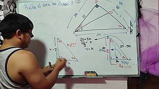 Asian student calculates x in sexual math triangle with teacher