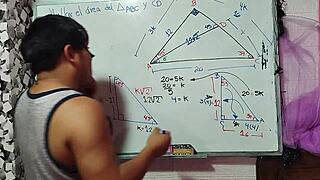 Asian student calculates x in sexual math triangle with teacher