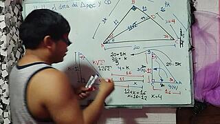 Asian student calculates x in sexual math triangle with teacher