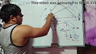 Asian student calculates x in sexual math triangle with teacher