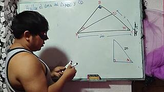 Asian student calculates x in sexual math triangle with teacher