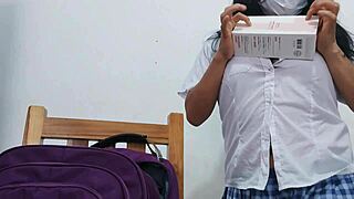 A female student in a short skirt starts a strange and sexual game she's in her chair at home masturbating her vaginal hole with a dildo she enjoys it like a whore