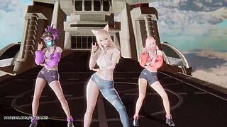 Wow, Curious Ahri Akali Seraphine Perform Hot Kpop Dance In Uncensored Hentai!