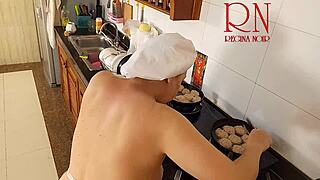 Nudist Housewife Regina Noir Cooks in the Kitchen with Naked Maid Assistance in Chapter One.