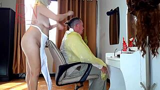 Nudist barbershop nude lady hairdresser in apron security camera client surprised