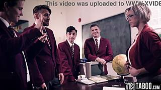 Horny students gangbang the huge tits BBW mature teacher in the classroom