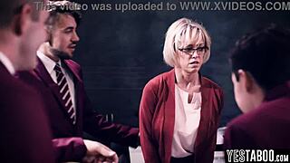 Horny students gangbang the huge tits BBW mature teacher in the classroom