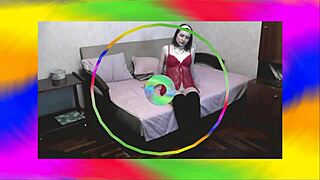 Girl without panties in red negligee jerks off wet pussy to strong orgasm and squirt!