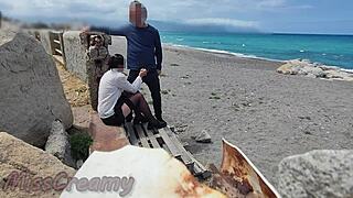 Dick Flash Risky Blowjob On Beach Stocking Teacher Student Almost Caught Misscreamy