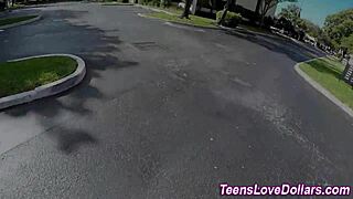 Teen enjoys pov cum facial outdoors