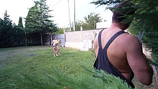 a daring gardener pesters the daughters of the house owner in the garden, being very persistent and bold with them
