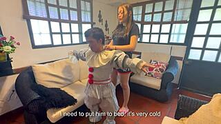 small clown begs for fuck in abandoned cabin