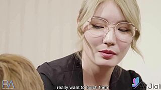 Miss Li Zhiyan delivers intense foot job and cock sucking