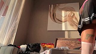 hey skinny tattooed cheerleader babe comes for college fashion shoot but ends up stroking cock pov