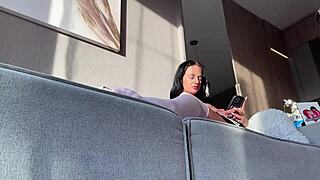 hey skinny tattooed cheerleader babe comes for college fashion shoot but ends up stroking cock pov