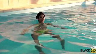 The huge-cocked swimming coach fucks the lovely teen lassie, licking her small tits and fingering her.