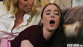 pervy big ass babysitter straps dildo fucks big tits teen pussy after licking