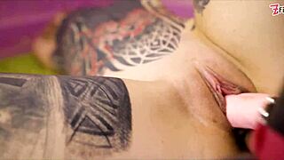 alt goth girl straps on dildo to pound tattooed lesbian's wet pussy missionary doggystyle till dripping orgasms