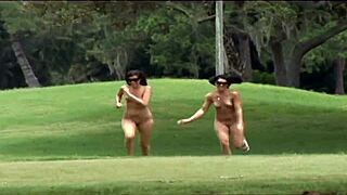 Two tanned college brunettes flash shaved pussies nude at Tampa public spots.